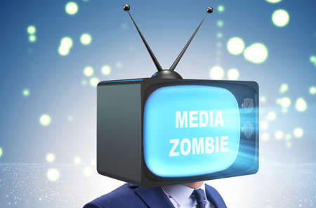 Man with television head in tv addiction concept
