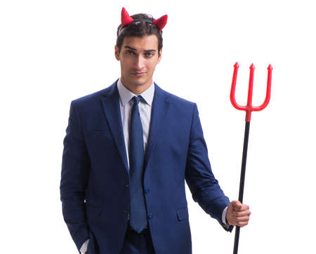Evil devil businessman with pitchfork isolated on white backgrou