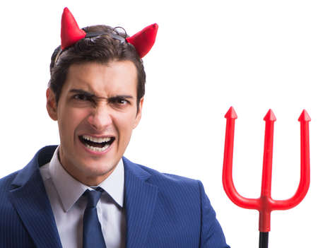 Evil devil businessman with pitchfork isolated on white backgrouの写真素材
