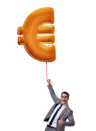 Businessman flying on euro sign inflatable balloonの写真素材