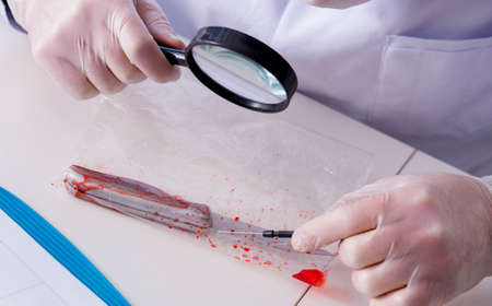 Criminologist police chemist looking at crime evidenceの写真素材