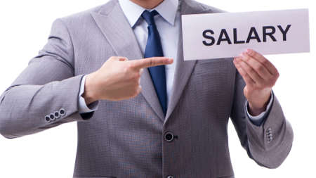 Businessman asking for salary increase isolated on white backgroundの写真素材