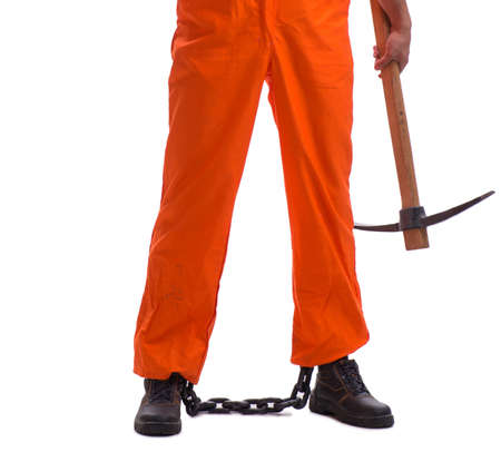 Prisoner with axe isolated on white backgroundの写真素材
