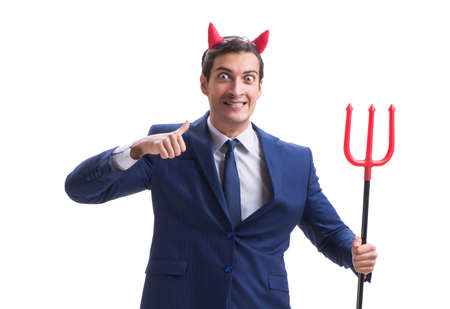 Evil devil businessman with pitchfork isolated on white backgrouの写真素材