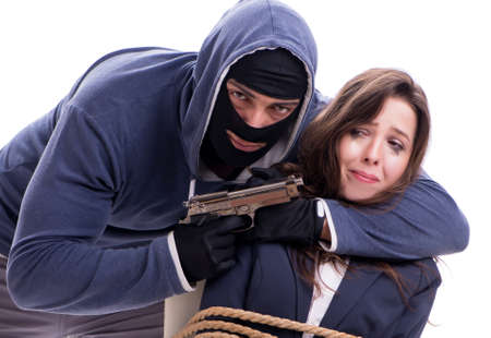 Kidnapper with tied woman isolated on whiteの写真素材