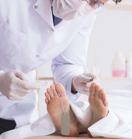 Police coroner examining dead body corpse in morgue