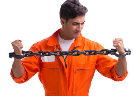 Prisoner with his hands chained isolated on white backgroundの写真素材