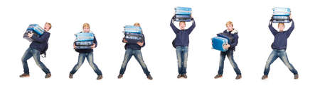 Funny man with luggage on white