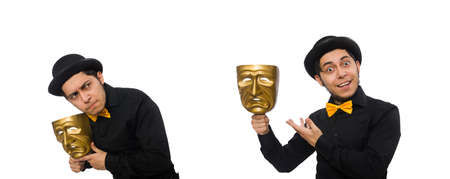 Young man with golden Venetian mask isolated on whiteの写真素材