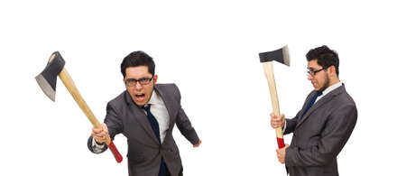 Young businessman holding a tool isolated on whiteの写真素材