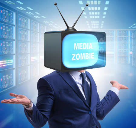 Man with television head in tv addiction concept