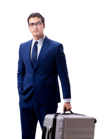 Young businessman with suitcase isolated on white backgroundの写真素材