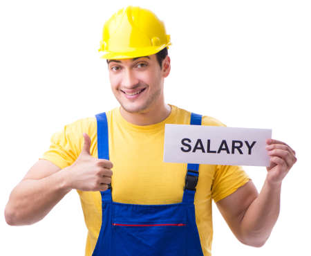 Repairman asking for pay rise isolated on white