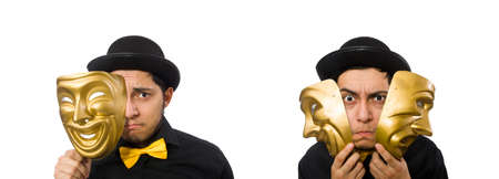 Young man with golden Venetian mask isolated on whiteの写真素材