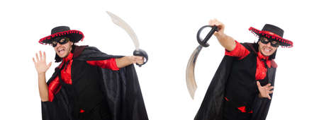 Young man in carnival coat with sword isolated on whiteの写真素材