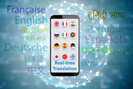 Concept of real time translation with smartphone app - 3d renderの写真素材