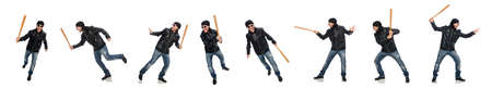 Aggressive man with baseball bat on white