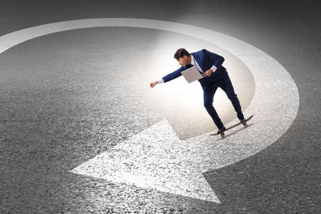 Businessman riding skateboard on financial graph