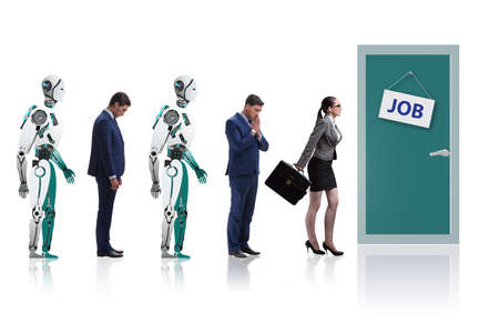 Woman man and robot competing for jobsの写真素材