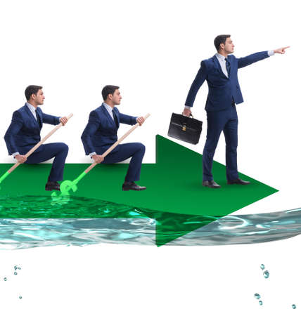 Teamwork concept with businessmen on boatの写真素材