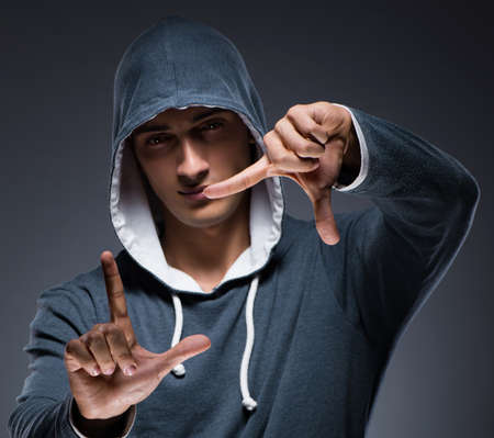 Innovation concept with young man pressing virtual buttons