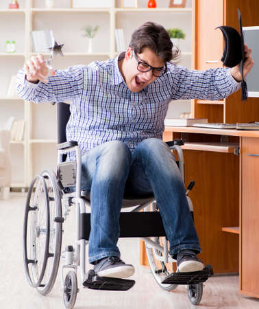 Disabled student studying at home on wheelchair