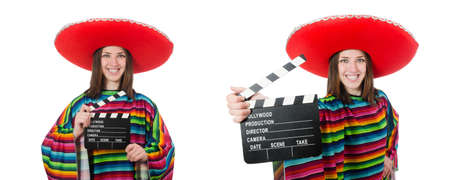 Pretty mexican girl in vivid pocho isolated on whiteの写真素材