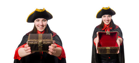 Female pirate in black coat isolated on whiteの写真素材