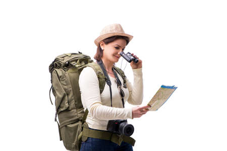 Aged female tourist isolated on whiteの写真素材