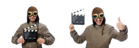 Pilot holding movie clapboard on whiteの写真素材