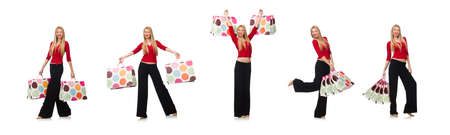 Young woman in flared pants isolated on whiteの写真素材