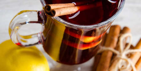 Mulled wine glintwine served in glasses for christmas tableの写真素材