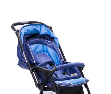 Blue pushchair isolated on white background