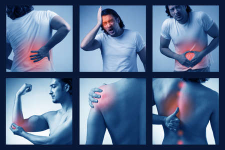 Collage of man suffering from acute painの写真素材