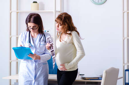 Young pregnant woman visiting experienced doctor gynecologist