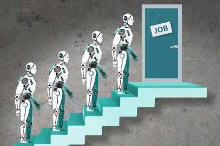 Robots queuing up for jobの写真素材