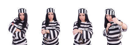 Prisoner in striped uniform on white