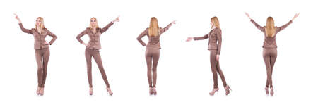 Young blond businesswoman pressing virtual button isolated on whの写真素材