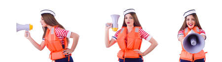 Woman with orange vest isolated on whiteの写真素材