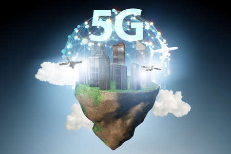 Concept of 5g technology with floating islandの写真素材