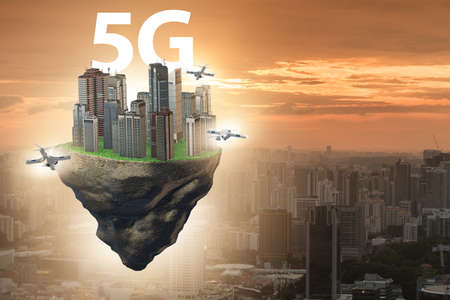 Concept of 5g technology with floating island