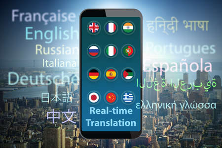 Concept of real time translation with smartphone app - 3d renderingの写真素材
