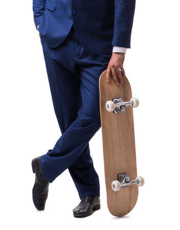 The businessman with skateboard isolated on white backgroundの写真素材