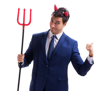 Evil devil businessman with pitchfork isolated on white backgroundの写真素材