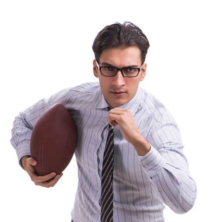 Young businessman with american football isolated on whiteの写真素材