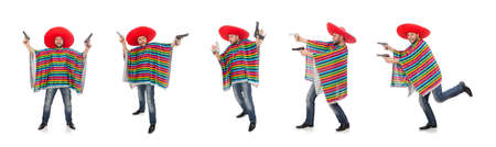 Funny mexican holding pistol isolated on whiteの写真素材