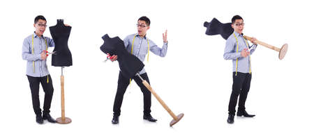Funny male tailor on whiteの写真素材