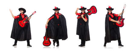 Young man in carnival coat with guitar isolated on whiteの写真素材