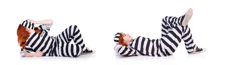 Prisoner in striped uniform on whiteの写真素材