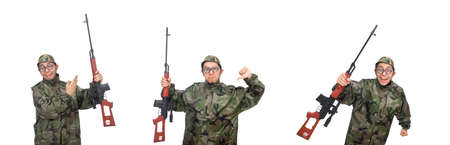 Military man with a gun isolated on whiteの写真素材